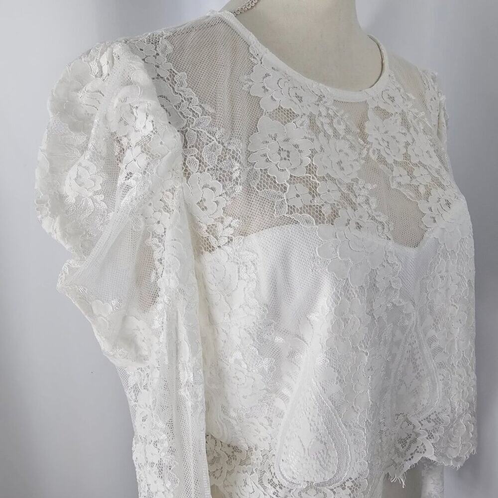Lulus Ivory Lace Puff Sleeve Cropped Blouse Women's Size XL NWT - Picture 7 of 15